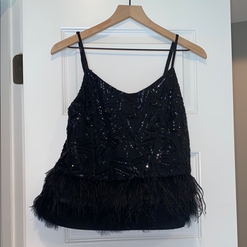 Black Sequin Feather Trim Top